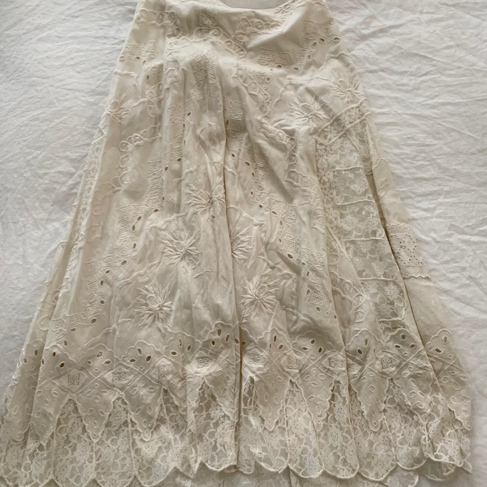 Vintage ivory eyelet & lace midi skirt